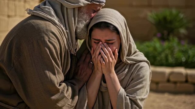 Biblical Times, Man Comforting Woman, Apostle and Mary, Good Friday. Ancient People of the Near East	