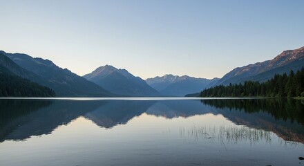 Lake Serenity reflecting mountains and trees in peaceful nature landscape
