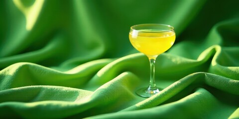 A refreshing yellow cocktail in a stemmed glass rests on a vibrant green fabric backdrop, bathed in sunlight.