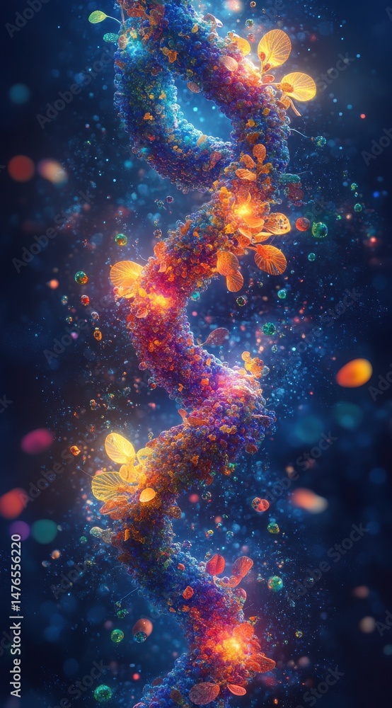 Poster multicolored glowing particle dna helix abstract 3d rendering