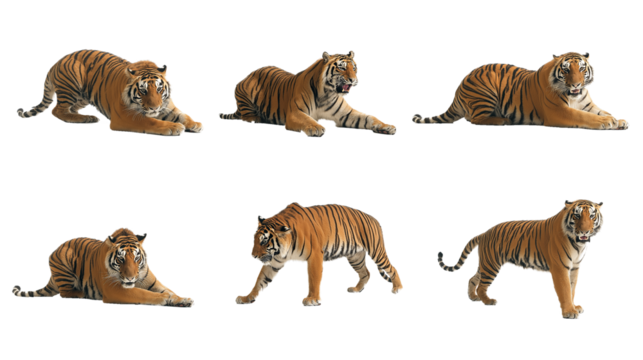 A set of multiple full-body tiger images in different poses