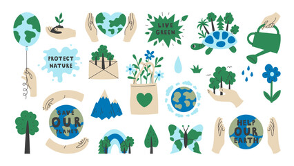 Nature Protection Elements Set. Ecology and Environmental conservation concept. Flat vector illustration. Motivational stickers