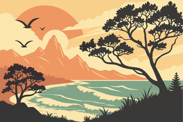 96 landscape, scenic, digital art, paper cut out style, sunset, ocean waves, mountain peaks, tree silhouette, bird silhouette, warm colors, geometric shapes, minimalist