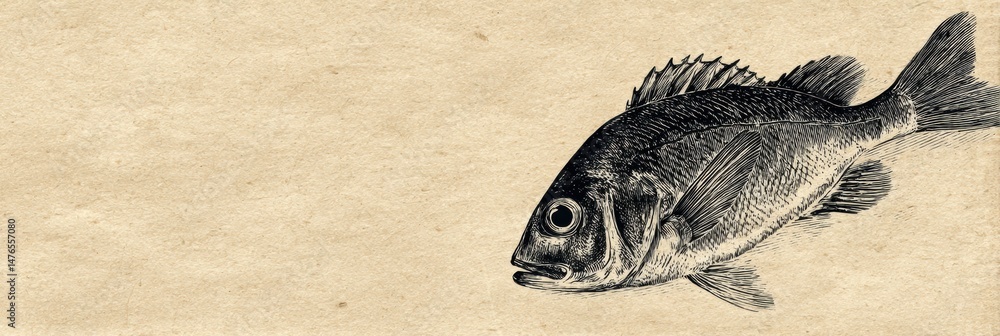 Poster black and white fish drawing on beige texture with a spacious background in an artistic style