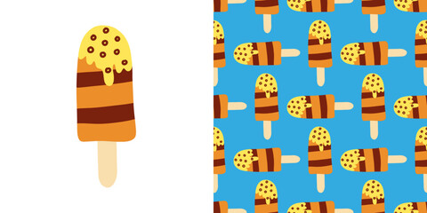 Caramel and chocolate striped popsicle illustration with sprinkles and seamless pattern - fun, playful summer treat design for textiles, wallpapers, and digital art projects.