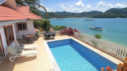 Fototapeta premium Coastal villa rooftop pool with ocean views.