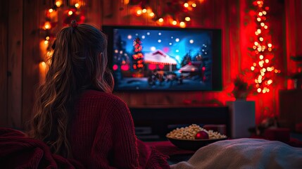 Cozy Christmas movie night with popcorn, blankets, and a favorite holiday film on TV.