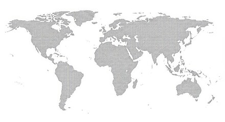 Dotted world map isolated on white background for geographic representation and data visualization uses.