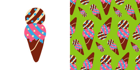 Colorful chocolate and strawberry ice cream cone illustration with polka dots and seamless pattern on bright green background, perfect for summer designs, kids products, and wrapping paper