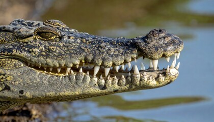 Obraz premium Close-up of a crocodile head with sharp teeth basking in the sun near water, showcasing wildlife and nature
