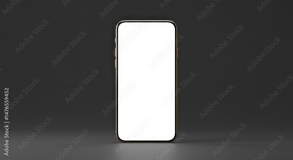 Aufkleber smartphone display in frontal view on black backdrop with gold frame showing blank white screen