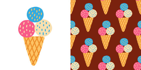 Colorful triple scoop ice cream cone illustration and seamless pattern - playful dessert-themed digital art for summer-inspired backgrounds, textiles, and product designs.