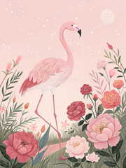 Fototapeta premium Flamingo Among Roses Under Moonlight Digital Pixel Art