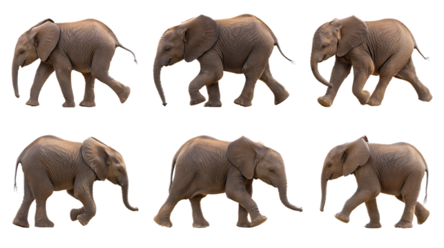 Six side-by-side elephants walking in different poses