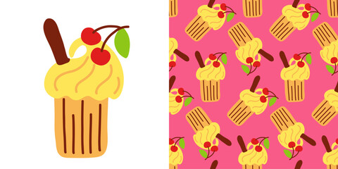 Delicious cupcake with creamy yellow frosting, cherry topping, and chocolate stick – vibrant seamless pattern design for dessert-themed textiles, wallpapers, and playful summer illustrations.