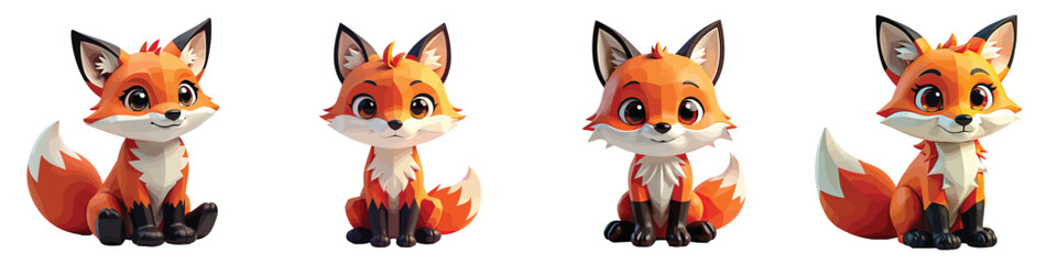 Cut Out Set of Low Poly Vector illustration Of Fox Toy Isolated on Transparent or White Background.