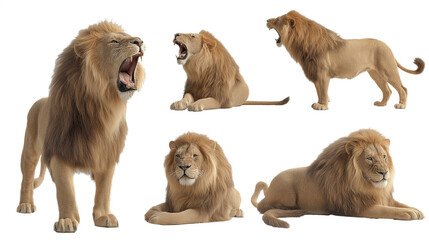 Obraz premium A lion in various poses, standing and sitting on the ground, roaring with mouth open