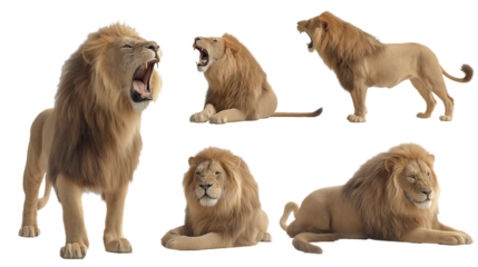 A lion in various poses, standing and sitting on the ground, roaring with mouth open