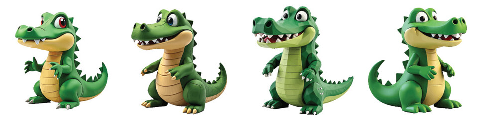 Obraz premium Set of 4 Cute Green Cartoon Alligator Characters Vector Illustration