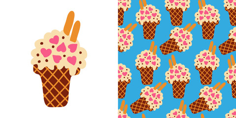 Cute waffle cone with creamy ice cream topped with pink heart candies and chocolate chips in seamless pattern on blue background, perfect for desserts, kids products, and summer themes