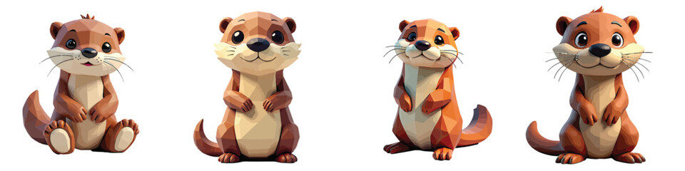 Cut Out Set of Low Poly Vector illustration Of Otter Toy Isolated on Transparent or White Background.
