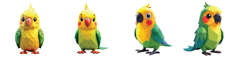 Cut Out Set of Low Poly Vector illustration Of Parakeet Toy Isolated on Transparent or White Background.