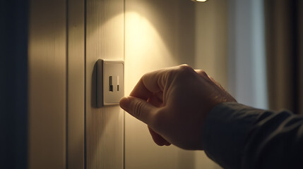 Hand Pressing a Light Switch in a Dimly Lit Room