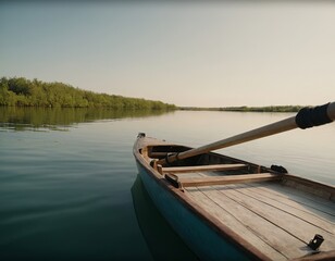 Obraz premium A serene canoeing scene on calm waters surrounded by lush greenery.