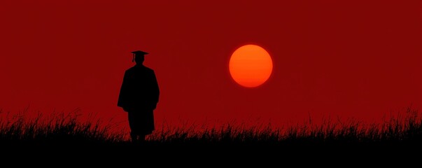 A graduate in cap and gown stands in silhouette against a vivid red sunset, surrounded by grass.