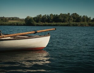 Naklejka premium A serene wooden boat floats on calm waters, surrounded by lush greenery under a clear blue sky.