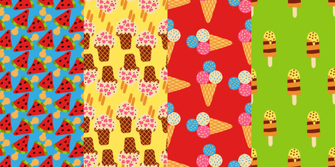 Set of colorful seamless summer patterns featuring playful ice cream, popsicles, watermelon slices, and desserts - perfect for textiles, wrapping paper, wallpapers, and children’s designs.