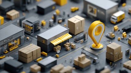 Detailed 3D model of a logistics network with a prominent location pin