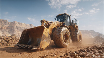 Heavy machinery operates in rugged landscape, showcasing large front end loader digging into soil. powerful vehicle is surrounded by rocky terrain, emphasizing its strength and capability