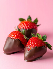 Delicious chocolate-covered strawberries on a pink background, showcasing a vibrant contrast and an appealing treat for dessert lovers