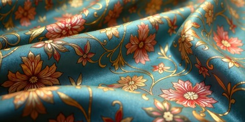 Elegant Teal Silk Fabric with Gold Floral Design, Soft Drape and Luxurious Texture