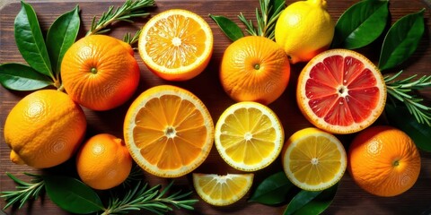 A vibrant collection of citrus fruits, including oranges, lemons, and grapefruits, artfully arranged on a rustic wooden surface, adorned with fresh rosemary sprigs and lush green leaves.