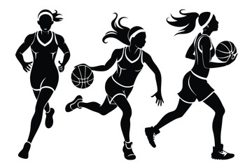 vector black and white silhouette of male and  female Basketball Player silhouettes in different action