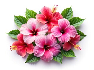 Beautiful bouquet of Hibiscus flowers with green leaves on a white background
