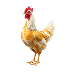 Fototapeta premium Proud Rooster: This image features a vibrant rooster standing proudly, displaying its majestic plumage and bright red comb against a plain background.
