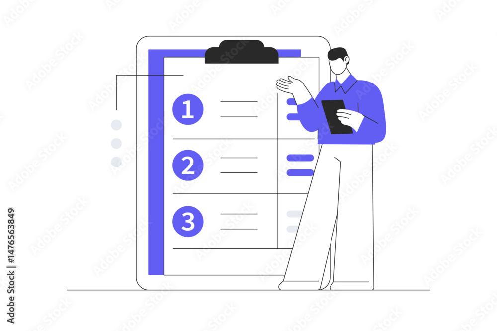 Poster project manager businessman organizing task by priority on clipboard work management planner. flat c