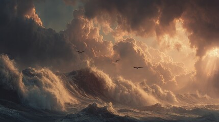 Dramatic sunset over turbulent ocean waves, with birds soaring amidst dramatic clouds