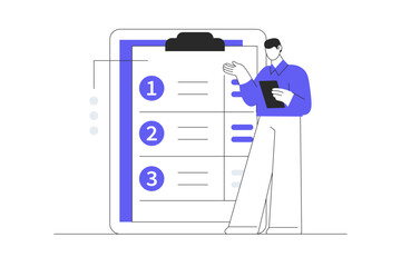 Project manager businessman organizing task by priority on clipboard work management planner. Flat Cartoon Vector Illustration, icon. Stylish abstract design landing page