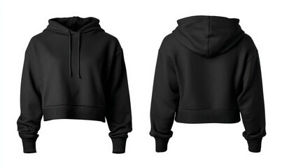 Black cropped hoodie with long sleeves and a hood, displayed from both front and back views. The casual garment is made of soft fabric for a comfortable fit.