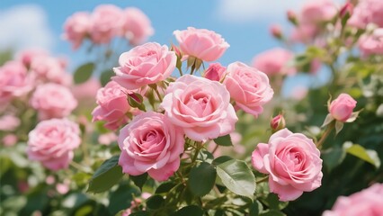 Obraz premium Capturing the vibrant pink roses blooming under the bright sunlight