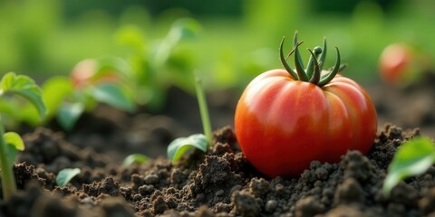 A single ripe red tomato nestled amongst young tomato plants in rich dark soil, bathed in sunlight, symbolizing growth and the bounty of nature's harvest.
