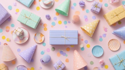 Pastel-colored party supplies scattered on a pink background