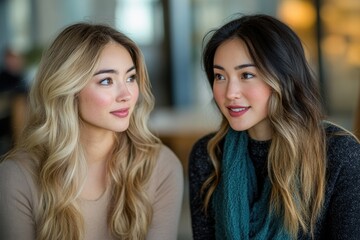 Naklejka premium Two young women with long hair are engaged in a conversation, showcasing their friendly interaction.