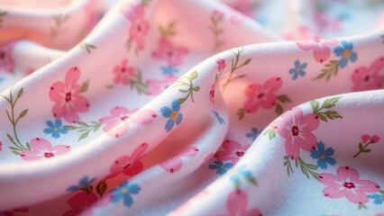 Delicate Pink Fabric with a Charming Floral Pattern, Softly Draped and Showing Off its Exquisite Texture and Subtle Color Variations