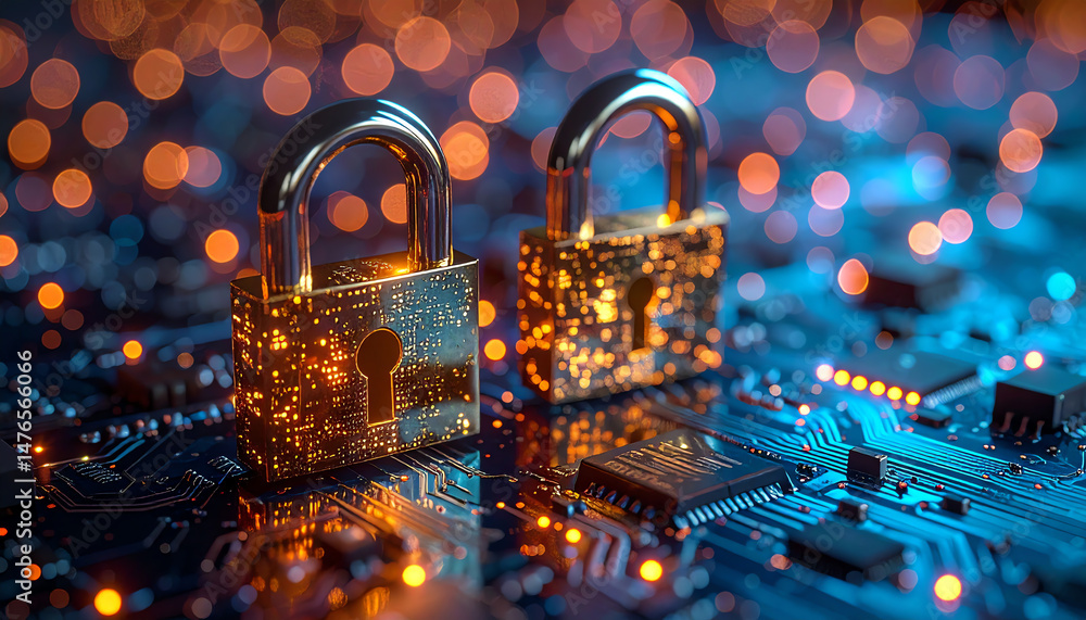 Poster digital locks illuminate on a circuit board, symbolizing cybersecurity and protection in a high-tech