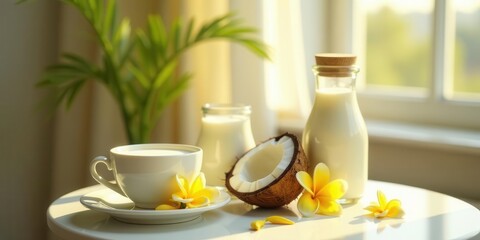 Sunlit Morning A Refreshing Cup of Coconut Milk with Tropical Flowers on a White Table